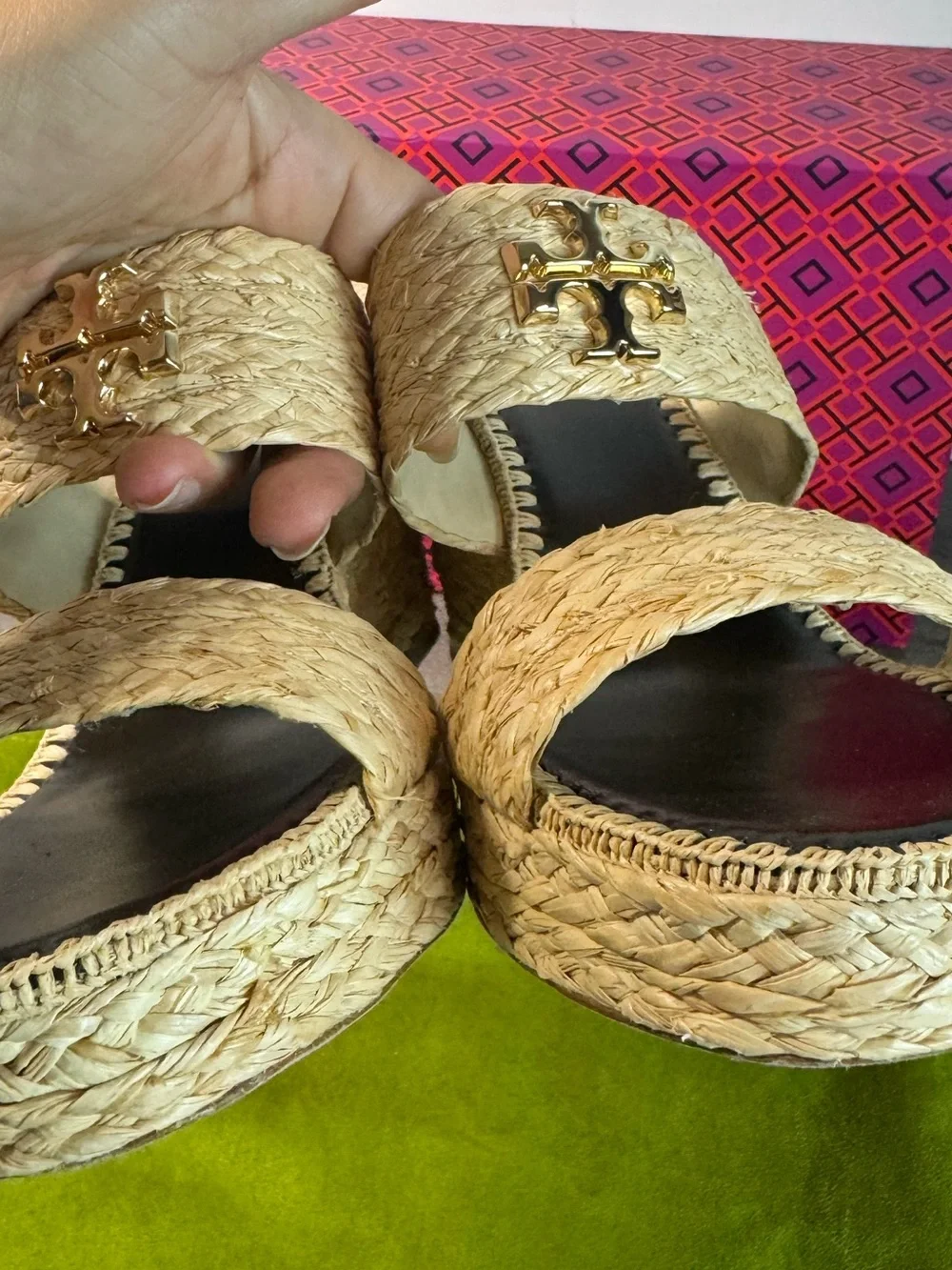 Tory Burch Everly Raffia Wedge Slide Sandals size 7 $320 EUC